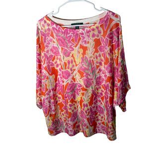 Lauren Ralph Lauren Sweater Women's XL Pink Floral Short Sleeve Knit Pullover
